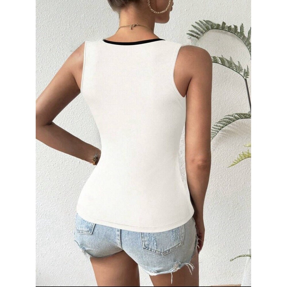 Sweetheart Neck Ribbed Stretch White Black Trim Colorblock Casual Tank Top NEW M - Picture 2 of 10